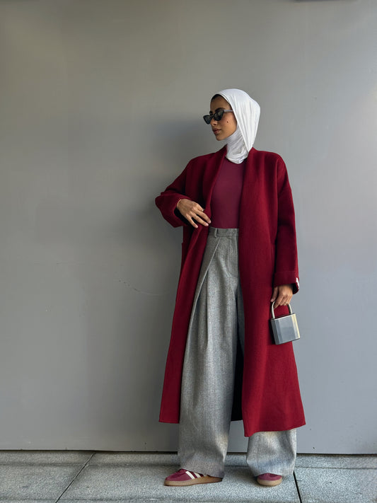 Maroon coat and grey trouser set