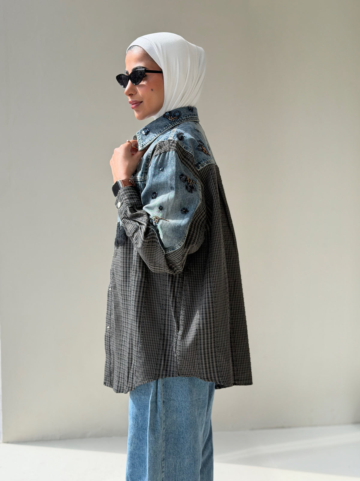 Denim x plaid shirt
