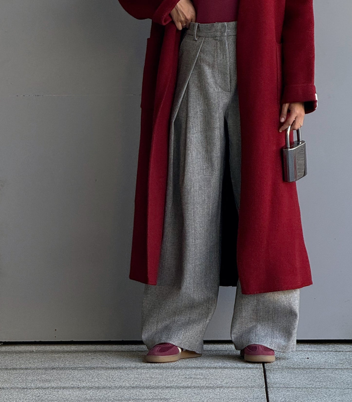 Maroon coat and grey trouser set