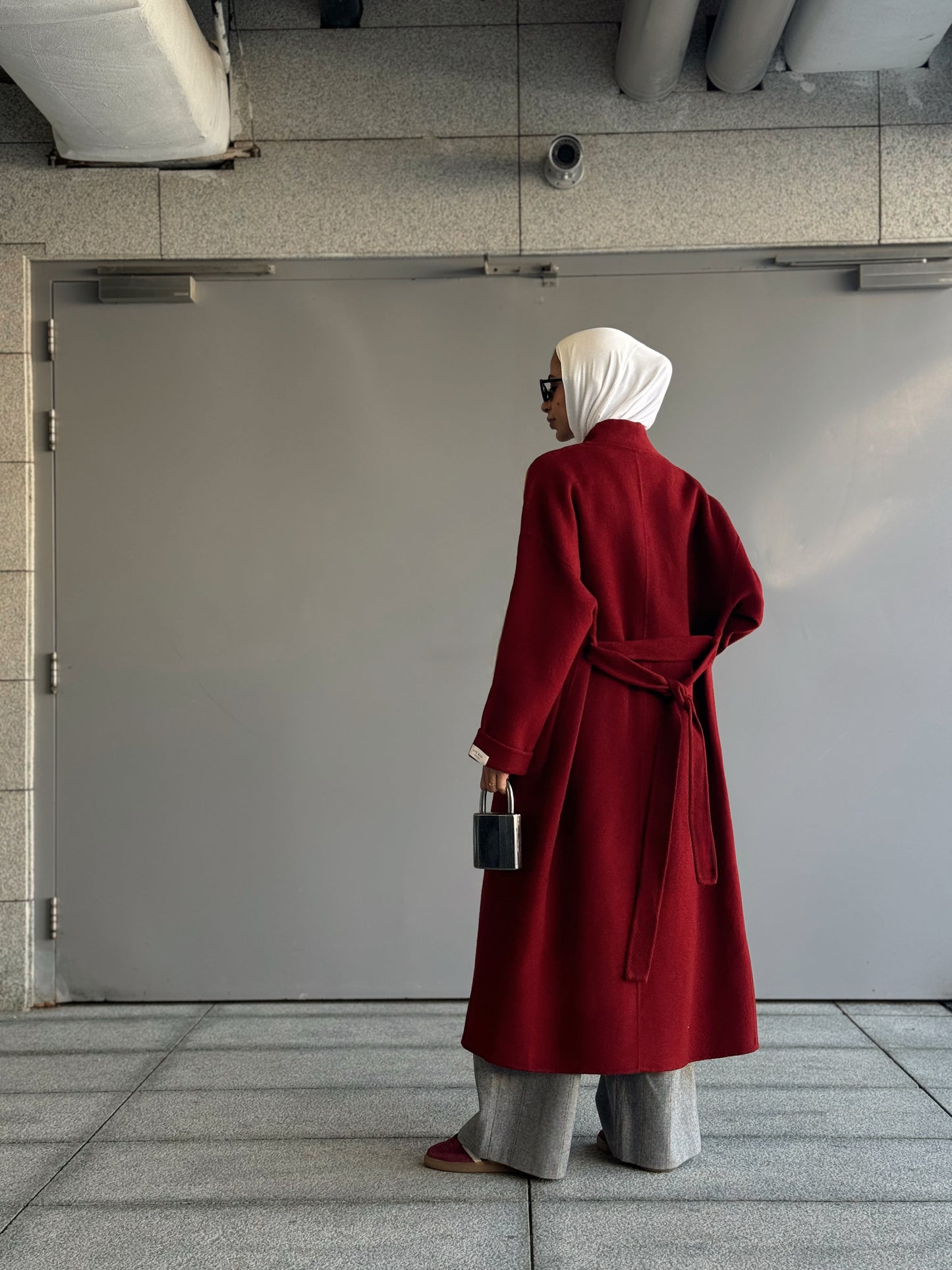 Maroon coat and grey trouser set