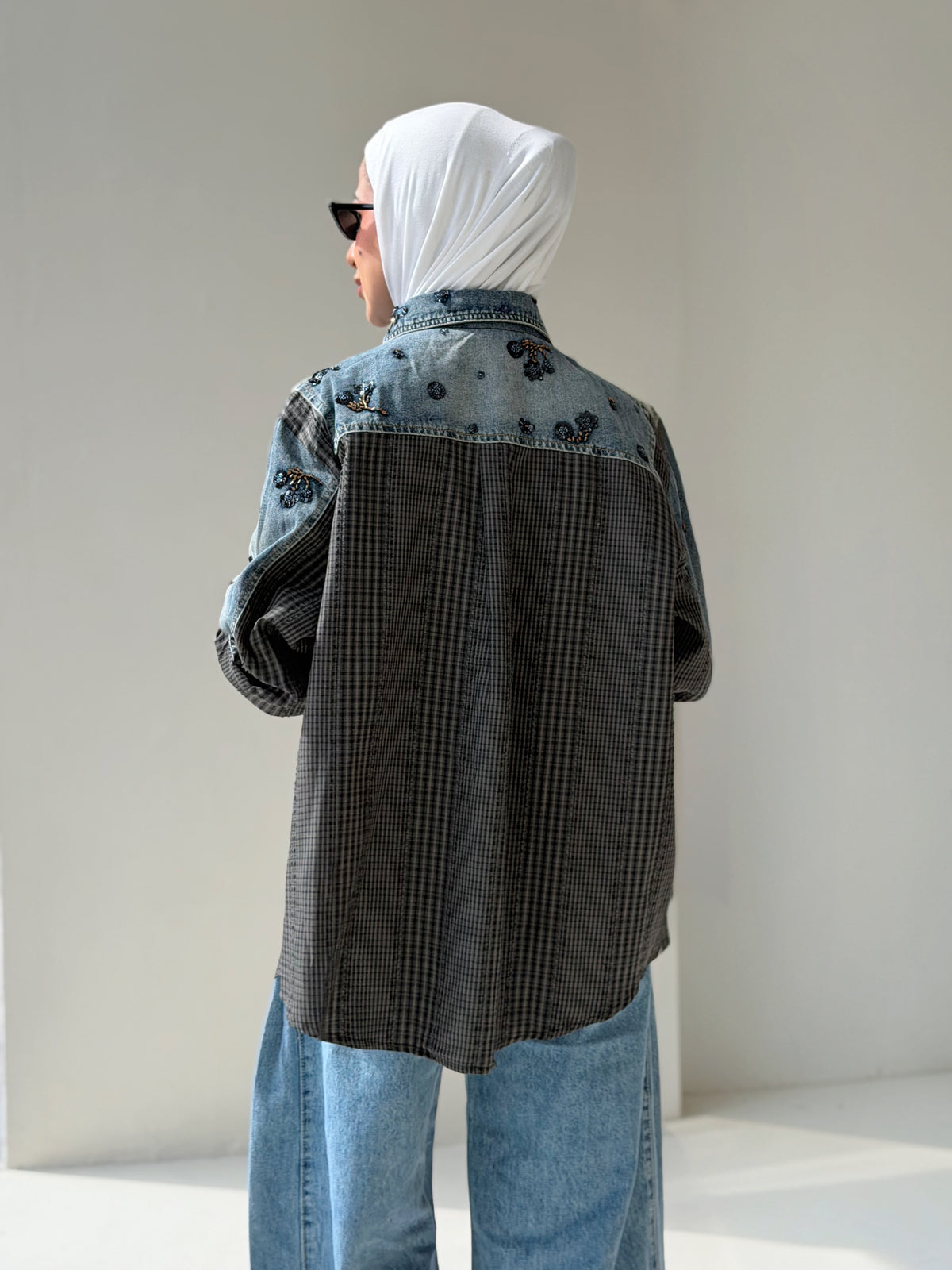 Denim x plaid shirt