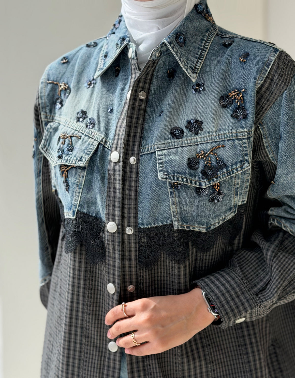 Denim x plaid shirt