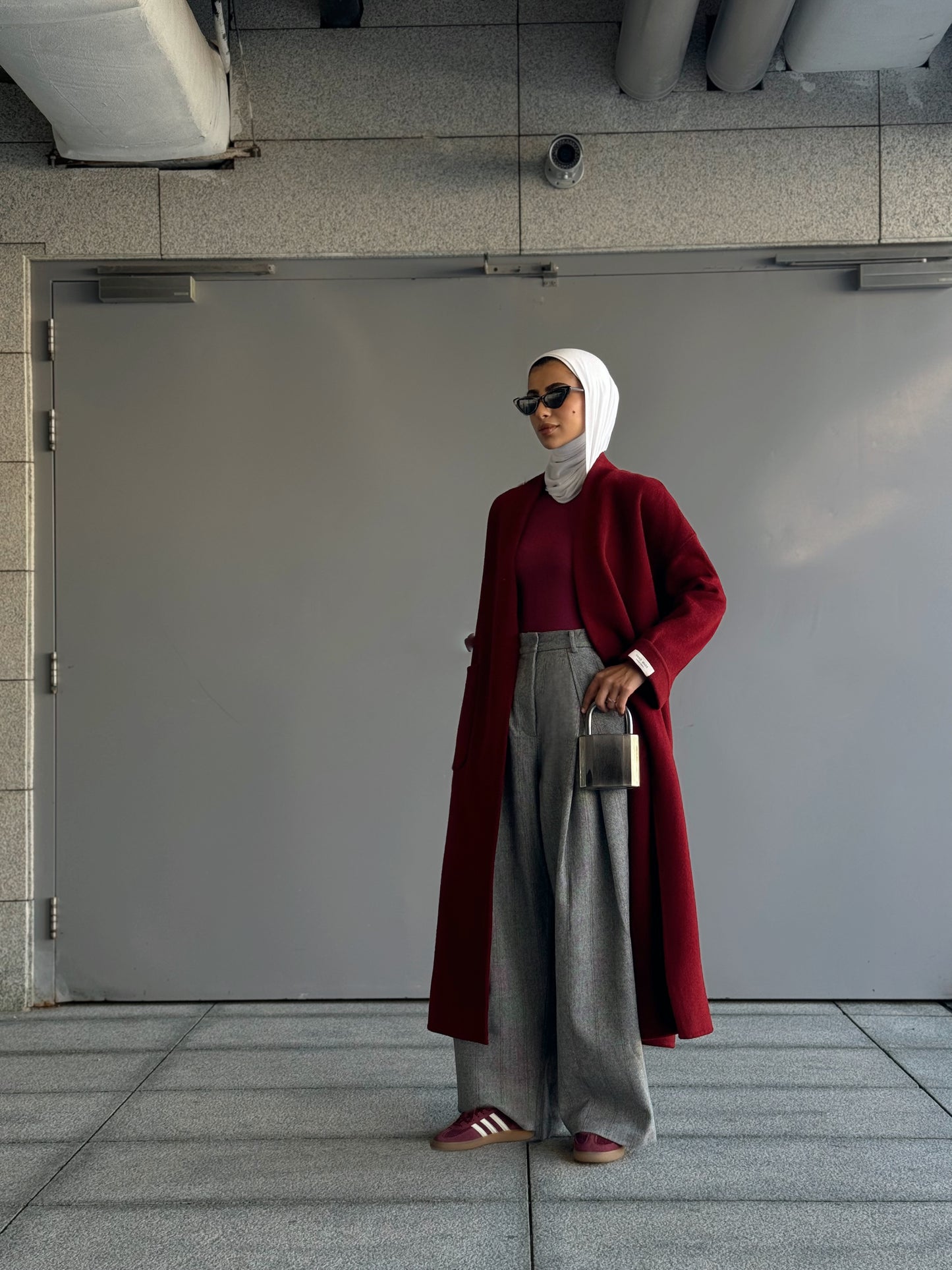 Maroon coat and grey trouser set