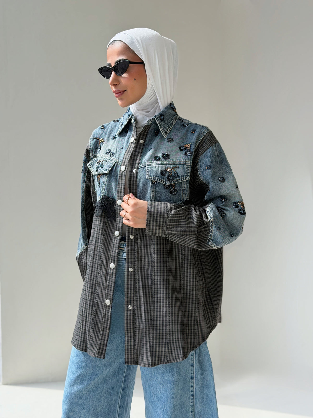 Denim x plaid shirt
